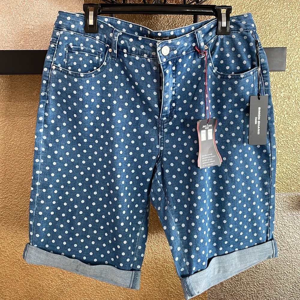 SIMON CHANG POLKA DOT ULTRA STRETCH DENIM SHORTS